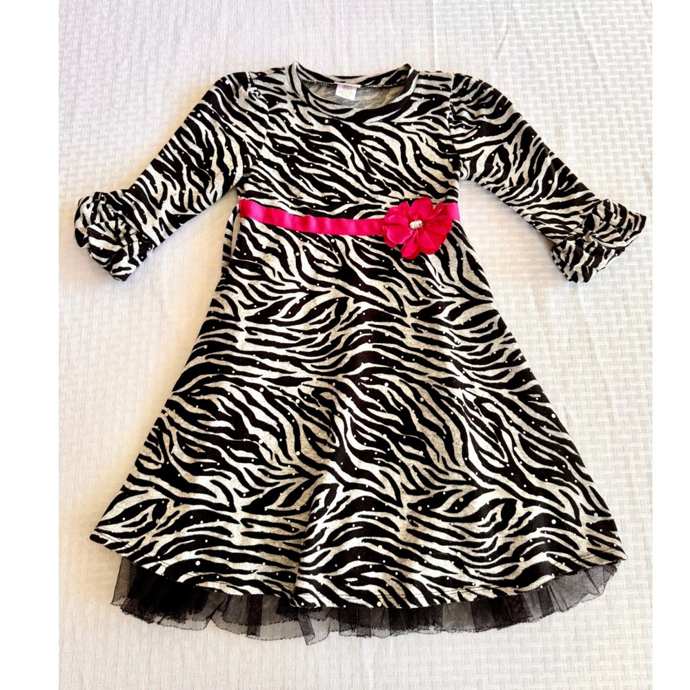 Youngland Girls 6 Zebra Print Sequin Party Dress Pink Flower Tulle Hem Y2K Style